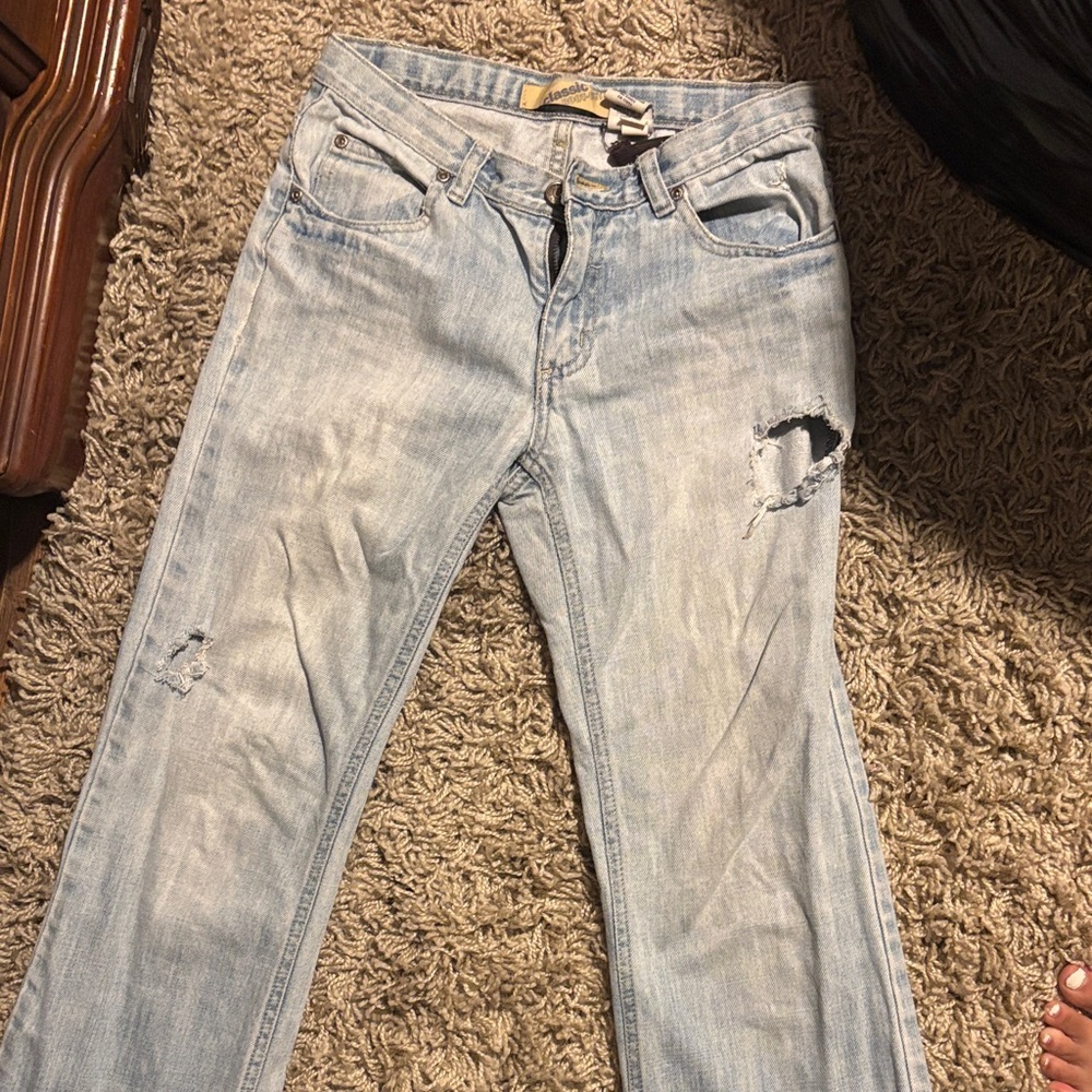 Casual Light Blue Distressed Straight Leg Jeans